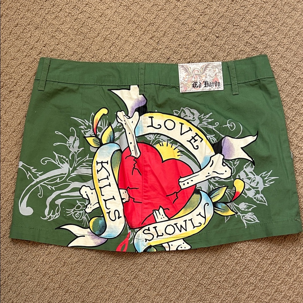 Ed Hardy Olive Green Mini Skirt with Yellow Script Logo - Picture 2 of 3